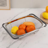 Triogift Retractable Drain Basket Rubber Grip Handles Oval Colander Sink Vegetables Draining Rack Home Storage Basket Stainless Steel