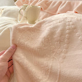 Triogift Romantic French Vintage Carved Velvet Lace Ruffles Flowers Embroidery Bedding Set Velvet Fleece Duvet Cover Bed Sheet Pillowcase