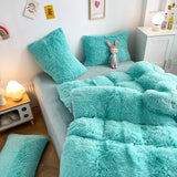 Triogift 3Pcs Fluffy Black Plush Shaggy Duvet Cover +2Pcs Pillowcases Zipper Bedding set Soft Velvet