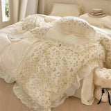 Triogift Elegant French Style Floral Lace Ruffles Embroidery Princess Wedding 100% Cotton Bedding Set Duvet Cover Bed Sheet Pillowcases