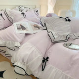 Triogift Korean Seersucker Bedding Set Princess Girls Lace Ruffled Bow Duvet Cover Double Bed Sheets Washed Cotton Twin Queen Quilt Cover