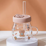 Triogift  -  1pc 500ml Cartoon Bear Glass Cup With Lid And Straw High Borosilicate Water Mug With Handle Iced Coffee Cups Drinking Glasses