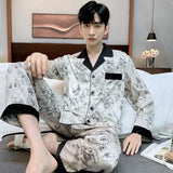 Triogift  High Quality Satin Printed Pajamas Set Men's Nightwear Ice Silk Long Sleeve Loose Thin Teen Home Clothing Wear Suit Male Pyjama