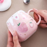 Triogift  -  1pc 450ml Cute Strawberry Ceremic Cup with Lid Spoon Water Cup Coffee Mug Creative Gift Easy To Clean Summer Winter Drinkware