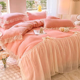 Triogift Winter Bedding Set Thick Double Sided Milk Velvet  Lace Coral Velvet  Meeting Set Bed Sheet Duvet Cover Set Comforter Set Warm