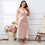 Triogift  Large size Women Sleepwear Summer Homewear Solid Satin Seemless Midi Nightdress Plus Size Spaghetti Strap Nightgown 60-75kg