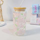 Triogift  -  Cute Flower Glass Cups Tumber With Bamboo Lid And Straw 500ml Can Shaped Glass Cups Iced Hot Coffee Tea Juice Glasses Gift