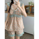 Triogift  Plaid Sleepwear Women Pajama Sets Summer Pijama Shorts Sets 2 Pieces Korean Ruffles Night Wears Lace Pyjamas V-neck Home Suit