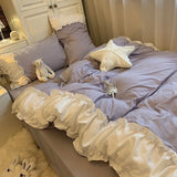 Triogift Korea Princess Purple Bedding Sets Bed Sheet Pillowcases Duvet Cover 3/4 Pieces Home Decoration Washed Cotton Flat Sheet Set