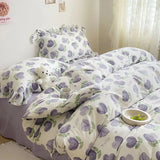 Triogift Cute Floral Duvet Cover Set Ins Korean Style with Flat Sheet Pillowcase No filler Washed Cotton Queen Full Twin Home Bed Linen