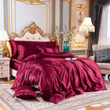 Triogift Solid Color Bedding Set with Silk Duvet Cover Bed Sheet Pillowcase Luxury Satin Bedsheet King Queen Double Twin Size