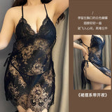 Triogift  Plus Size Erotic Lace Nightdress Woman High Split Lingerie Dress Backless See Through Babydoll Porn Sex Costumes Sleepwear