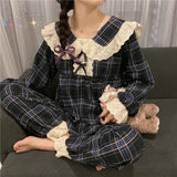 Triogift Plaid Sleepwear Women Pajama Sets Korean Pants Sets 2 Pieces Lace Piiama Style Full Sleeve Spring Night Wears Bow Home Suit