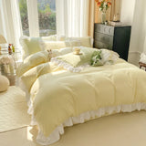 Triogift Chic Ruffle Lace Duvet Cover Set for Girl Yellow Princess Comforter Cover 3 Piece Bedding with Zipper Closure Soft Bedroom Decor