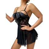 Triogift  Plus Size Women Sexy Lingerie Bow Bandage Open Chest Nightdress Transparent Porno Babydoll Lenceria Erotic Lace Gauze Sleepwear