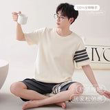 Triogift  New Classic 100%Cotton Pajamas Suit Men Loose Comfortable Short Sleeves Outside Sleepwear High Quality Nightcloth Male Boy Gift