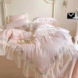 Triogift  Princess Bedding Sets Egyptian Cotton Pink Lace Flowers Embroidery Duvet Cover Bed Sheet Pillowcases Home Textile