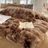 Triogift  Faux Rabbit Fur Autumn Winter Warm Bedding Set Plush Skin Friendly Breathable Warmth Duvet Cover Set Queen Cozy Quilt Cover Sets