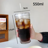 Triogift  -  1pc 600ml Stripe Glass Cup with Lid and Straw Transparent Drinking Glasses for Juice Iced Coffee Water Cup Outdoor Drinkware Mug