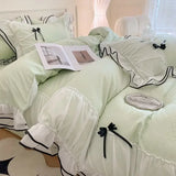 Triogift Korean Seersucker Bedding Set Princess Girls Lace Ruffled Bow Duvet Cover Double Bed Sheets Washed Cotton Twin Queen Quilt Cover