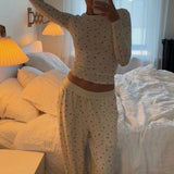 Triogift Women 2 Piece Pajama Set Long Sleeve Crop Tops Elastic Wide Leg Pants for Loungewear Soft Piiama Sleepwear Nightwear Homewear