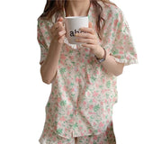 Triogift  Korean Style Sleepwear Women Pajamas Shorts Sets Floral Pijama Loungewear Cute Summer Two Piece Set Ruffle Night Wear Home Suit