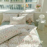 Triogift Romantic Elegant Bedding Set Soft Chic Floral Blossom Print Duvet Cover Skin Friendly Bed Sheet Pillowcases 4Pcs Twin Queen King