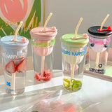 Triogift  -  Cute Korean  Glass Cup With Lid And Straw Infuser Large Glass Bottle Aesthetic For Water Tea Juice Drinking Bottle Gift 750ml