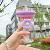 Triogift  -  Kawaii Flower Glass Cup Aesthetic With Lid Straw Infuser Glass Bottle Tumbler For Water Tea Juice Vintage Drinking Bottle 600ml