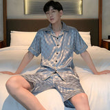 Triogift  Pajamas Men Summer Short Sleeved Ice Silk Thin Breathable Homewear Set Male Sleep Cloth Suit Gentlemen Satin Nightwear Youth Boy