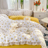 Triogift French Golden Sunflower Floral Lace Seersucker Bedding Set Washed Cotton Four-piece Set Student Bed Sheet Three-piece Set