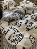 Triogift  Ins Black and White Graffiti Crocodile Kitten Bed Pure Cotton Duvet Cover Bed Sheet