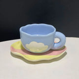 Triogift  -  Hand painted blue sky and white clouds Coffee cup dish set ceramic cup Mug milk breakfast cup cute cup  coffee mugs  teacup