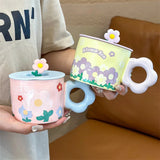 Triogift  -  Ceramic Mug with Lid Handle, Cartoon Flower, Office, Home, Water Cup, Simple, Cute Couple, Breakfast Milk Coffee Cup Ins Fashion