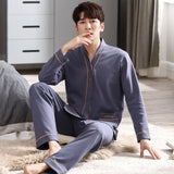 Triogift  Men Pajamas Suit Long sleeved Pure Cotton Simple Casual Cardigan V-neck Homewear Set All Plus Size Breathable Autumn Sleepwear