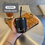 Triogift  -  350/450ml Coffee Straw Cup With Lid Heat-Resistant Water Bottle Beer Drinkware Coffee Mug With Straw Deer Printed Leather Glass