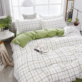 Triogift  Fashion Bedding Set White Green Double Bed Linens Nordic Duvet Cover Pillowcase Queen Size Flat Sheet Polyester Classic Grid