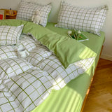 Triogift  Fashion Bedding Set White Green Double Bed Linens Nordic Duvet Cover Pillowcase Queen Size Flat Sheet Polyester Classic Grid