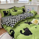 Triogift Cartoon Black Cat Duvet Cover Set,kitten Bedding Set 4pcs Quilt Cover 1 Flat Sheet and 2 Pillow Shams,polyester Comforter Cover