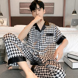 Triogift  Design Houndstooth Pajama Men Ice Silk Pyjama Set Youth Home Wear Teenager Night Clothes Long Sleeve Suit Sleepwear-Set Male