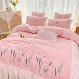 Triogift Lace Ruffles Bedding Set Luxury Cotton Flower Embroidery Bedclothes Girls Full Size Quilt Cover Sets Queen King Bed Linen Sets