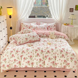 Triogift Botanical Floral Duvet Cover Single/Queen, Washed Cotton Garden Flower Pattern Comforter Cover 3Pcs Reversible Pink Bedding Set