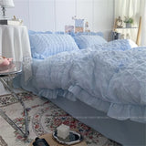 Triogift  Quilt Cover INS Girl Blue Solid Color Seersucker Ruffles Lace Bedding Set Kawaii  Soft Sheet Woman Duvet Cover Pillow Covers