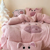 Triogift  Pink Cartoon Pig Towel Embroidery Bedding Set Warm Thick Winter Duvet Cover Linen Fitted Sheet Pillowcases Gifts For Children