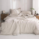 Triogift  100% Washed Linen Duvet Cover With Embroidered Comforter Sets 3 Pieces Soft Farmhouse Comforter Set