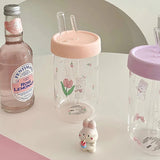 Triogift  -  600ml Kawaii Glass Bottle For Water Coffee Drinks BPA Free Clear Milk Juice Bubble Tea Glass Cup With Lid And Straw  Girl  Gift