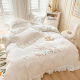 Triogift  Ruffle Trim White Flower Embroidery Cotton Bedding Set Duvet Cover Linen Fitted Sheet Pillowcases Home Textile