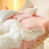 Triogift Ins Style Pink Floral Bedding Set Single Twin Size Pastoral Girls Duvet Cover No Filling Flat Sheet Pillowcases Cute Bed Linens