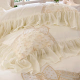 Triogift High End Chiffon Lace Flowers Bedding Sets Egyptian Cotton Beige Bow Embroidery Princess Duvet Cover Bed Sheet Pillowcases