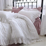 Triogift  France Style Bedding Set Luxury Purple Princess Bedspread White Printing Egyptian Cotton Lace Duvet Cover Bed Skirt Pillowcases